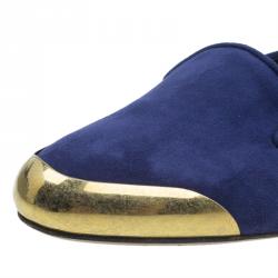 Pre Owned Alexander McQueen Navy Blue Suede Metal Cap Toe Smoking Slippers Size 37.5
