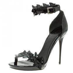 Alexander McQueen Black Patent Ivy Leaf Embellished Ankle Strap Sandals ...