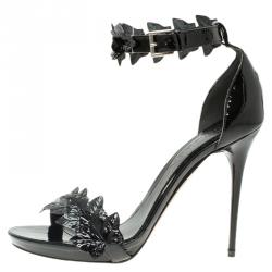 Pre Owned Alexander McQueen Black Patent Ivy Leaf Embellished Ankle Strap Sandals Size 40.5