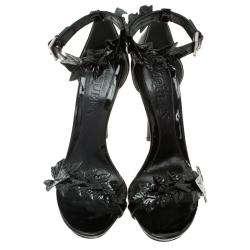 Pre Owned Alexander McQueen Black Patent Ivy Leaf Embellished Ankle Strap Sandals Size 40.5