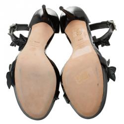 Pre Owned Alexander McQueen Black Patent Ivy Leaf Embellished Ankle Strap Sandals Size 40.5