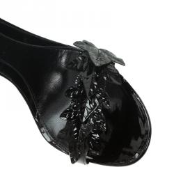 Pre Owned Alexander McQueen Black Patent Ivy Leaf Embellished Ankle Strap Sandals Size 40.5