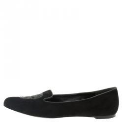 مملوكة مسبقًا Alexander McQueen Black Suede Sequin Skull Smoking Slippers Size 38.5