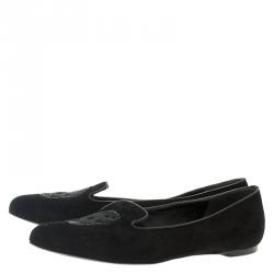 مملوكة مسبقًا Alexander McQueen Black Suede Sequin Skull Smoking Slippers Size 38.5