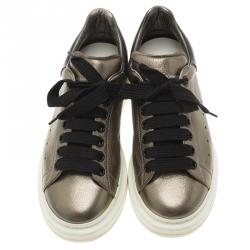 Pre Owned Alexander McQueen Metallic Grey Leather Platform Sneakers Size 39.5
