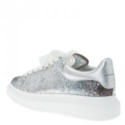 Pre Owned Alexander McQueen Silver Glitter Platform Lace Up Sneakers Size 37