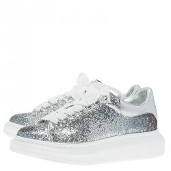 Pre Owned Alexander McQueen Silver Glitter Platform Lace Up Sneakers Size 37