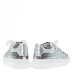 Pre Owned Alexander McQueen Silver Glitter Platform Lace Up Sneakers Size 37