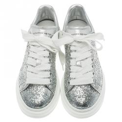 Pre Owned Alexander McQueen Silver Glitter Platform Lace Up Sneakers Size 37