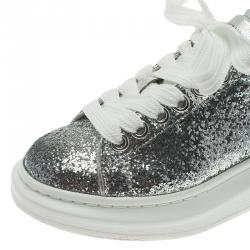 Pre Owned Alexander McQueen Silver Glitter Platform Lace Up Sneakers Size 37