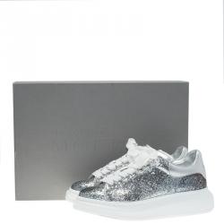 Pre Owned Alexander McQueen Silver Glitter Platform Lace Up Sneakers Size 37