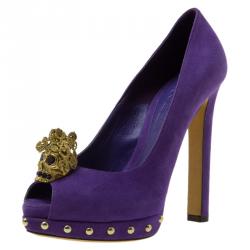 Pre Owned Alexander McQueen Purple Suede Skull Embellished Peep Toe Pumps Size 36