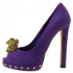 Pre Owned Alexander McQueen Purple Suede Skull Embellished Peep Toe Pumps Size 36