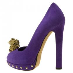 Pre Owned Alexander McQueen Purple Suede Skull Embellished Peep Toe Pumps Size 36