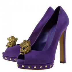 Pre Owned Alexander McQueen Purple Suede Skull Embellished Peep Toe Pumps Size 36