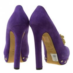 Pre Owned Alexander McQueen Purple Suede Skull Embellished Peep Toe Pumps Size 36