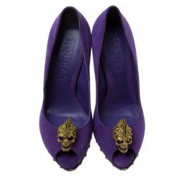 Pre Owned Alexander McQueen Purple Suede Skull Embellished Peep Toe Pumps Size 36