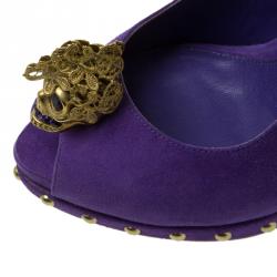 Pre Owned Alexander McQueen Purple Suede Skull Embellished Peep Toe Pumps Size 36