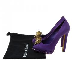 Pre Owned Alexander McQueen Purple Suede Skull Embellished Peep Toe Pumps Size 36