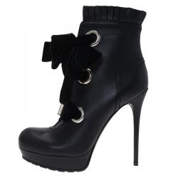 Pre Owned Alexander McQueen Black Leather and Velvet Lace Up Platform Ankle Boots Size 41
