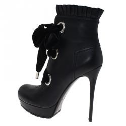 Pre Owned Alexander McQueen Black Leather and Velvet Lace Up Platform Ankle Boots Size 41