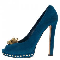 Pre Owned Alexander McQueen Blue Suede Skull Embellished Peep Toe Pumps Size 39.5