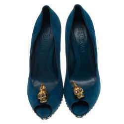 Pre Owned Alexander McQueen Blue Suede Skull Embellished Peep Toe Pumps Size 39.5
