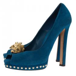 Pre Owned Alexander McQueen Blue Suede Skull Embellished Peep Toe Pumps Size 39.5