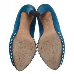 Pre Owned Alexander McQueen Blue Suede Skull Embellished Peep Toe Pumps Size 39.5