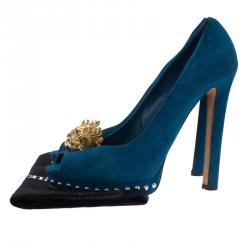 Pre Owned Alexander McQueen Blue Suede Skull Embellished Peep Toe Pumps Size 39.5