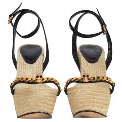 Pre Owned Alexander McQueen Black Leather Chain Skull Ankle Strap Espadrille Wedges Size 37.5