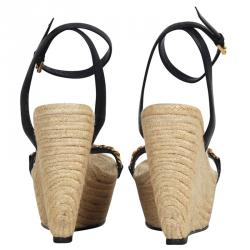 Pre Owned Alexander McQueen Black Leather Chain Skull Ankle Strap Espadrille Wedges Size 37.5