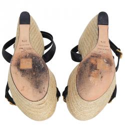 Pre Owned Alexander McQueen Black Leather Chain Skull Ankle Strap Espadrille Wedges Size 37.5