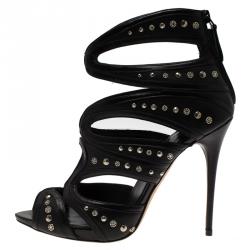 Pre Owned Alexander McQueen Black Leather Studded Cutout Sandals Size 38