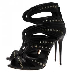 Pre Owned Alexander McQueen Black Leather Studded Cutout Sandals Size 38