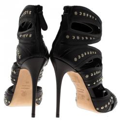 Pre Owned Alexander McQueen Black Leather Studded Cutout Sandals Size 38