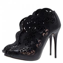 Pre Owned Alexander McQueen Black Floral Laser Cut Leather Ankle Boots Size 36