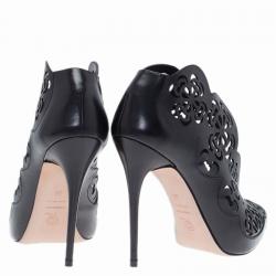 Pre Owned Alexander McQueen Black Floral Laser Cut Leather Ankle Boots Size 36