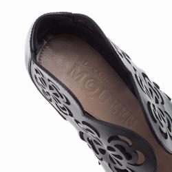 Pre Owned Alexander McQueen Black Floral Laser Cut Leather Ankle Boots Size 36