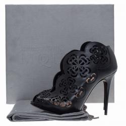 Pre Owned Alexander McQueen Black Floral Laser Cut Leather Ankle Boots Size 36