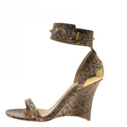Pre Owned Alexander McQueen Beige Python Studded Ankle Strap Wedge Sandals Size 38