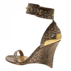Pre Owned Alexander McQueen Beige Python Studded Ankle Strap Wedge Sandals Size 38