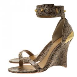 Pre Owned Alexander McQueen Beige Python Studded Ankle Strap Wedge Sandals Size 38