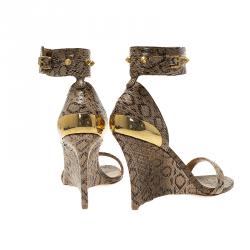 Pre Owned Alexander McQueen Beige Python Studded Ankle Strap Wedge Sandals Size 38