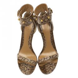 Pre Owned Alexander McQueen Beige Python Studded Ankle Strap Wedge Sandals Size 38