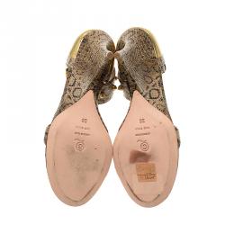 Pre Owned Alexander McQueen Beige Python Studded Ankle Strap Wedge Sandals Size 38