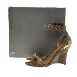 Pre Owned Alexander McQueen Beige Python Studded Ankle Strap Wedge Sandals Size 38