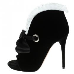Pre Owned Alexander McQueen Black Velvet Frill Detail Open Toe Ankle Boots Size 38.5