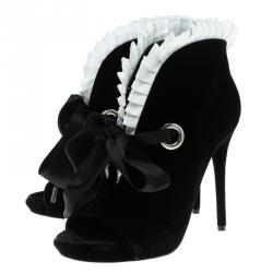 Pre Owned Alexander McQueen Black Velvet Frill Detail Open Toe Ankle Boots Size 38.5