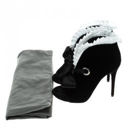 Pre Owned Alexander McQueen Black Velvet Frill Detail Open Toe Ankle Boots Size 38.5